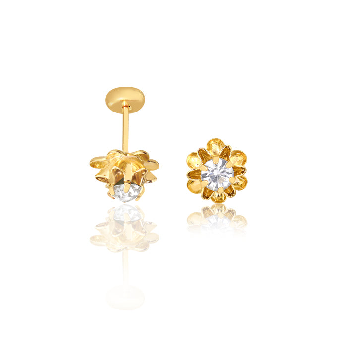 18K Gold Layered Oro Laminado Clear Cubic Zirconia Flower Shape Plugs Kids Earrings 21.0104/1