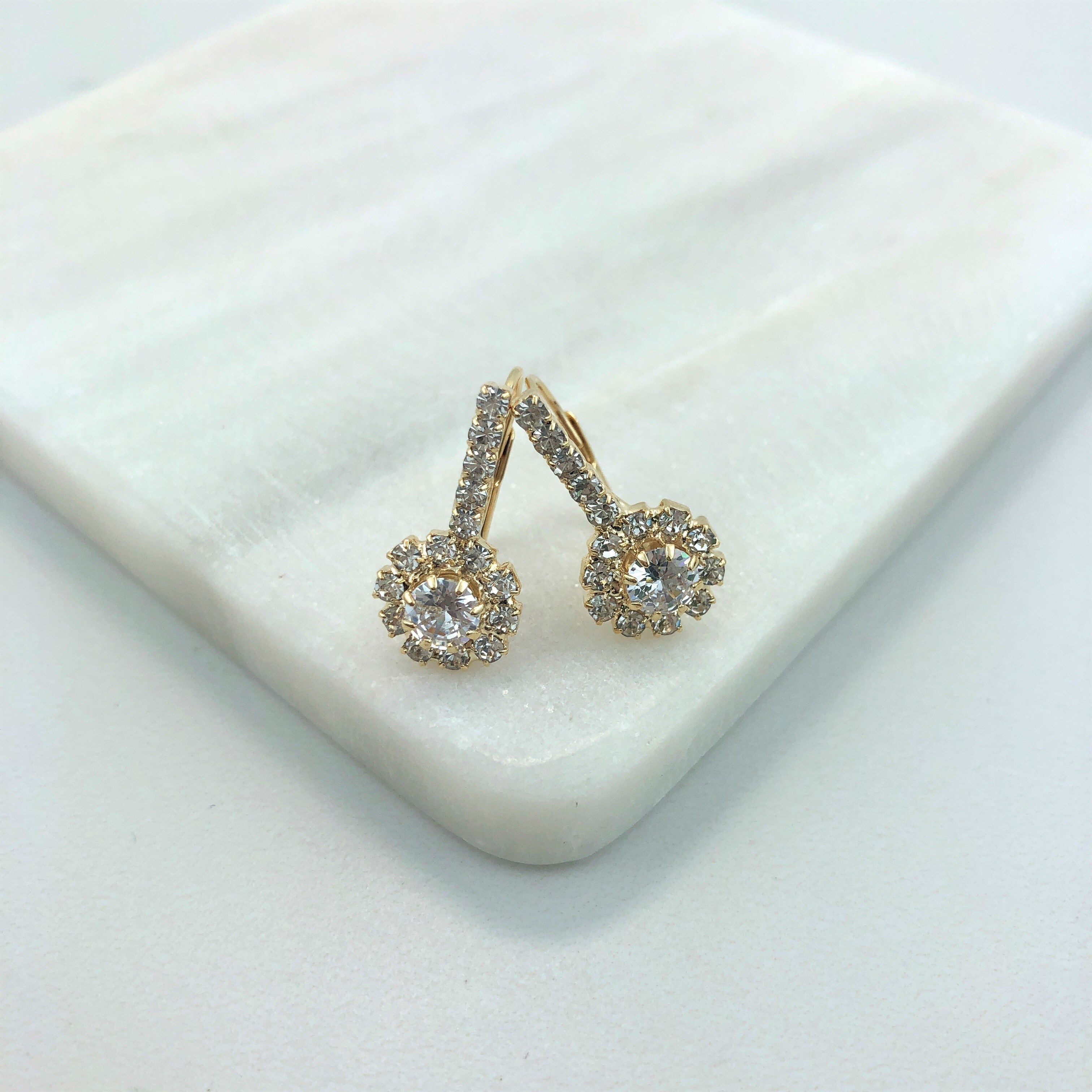 18K Gold Layered Oro Laminado Clear Cubic Zirconia Flower Design Leverback Earrings 21.0109/1