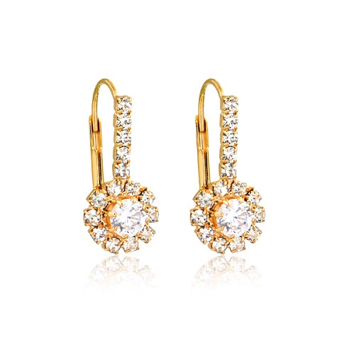 18K Gold Layered Oro Laminado Clear Cubic Zirconia Flower Design Leverback Earrings 21.0109/1