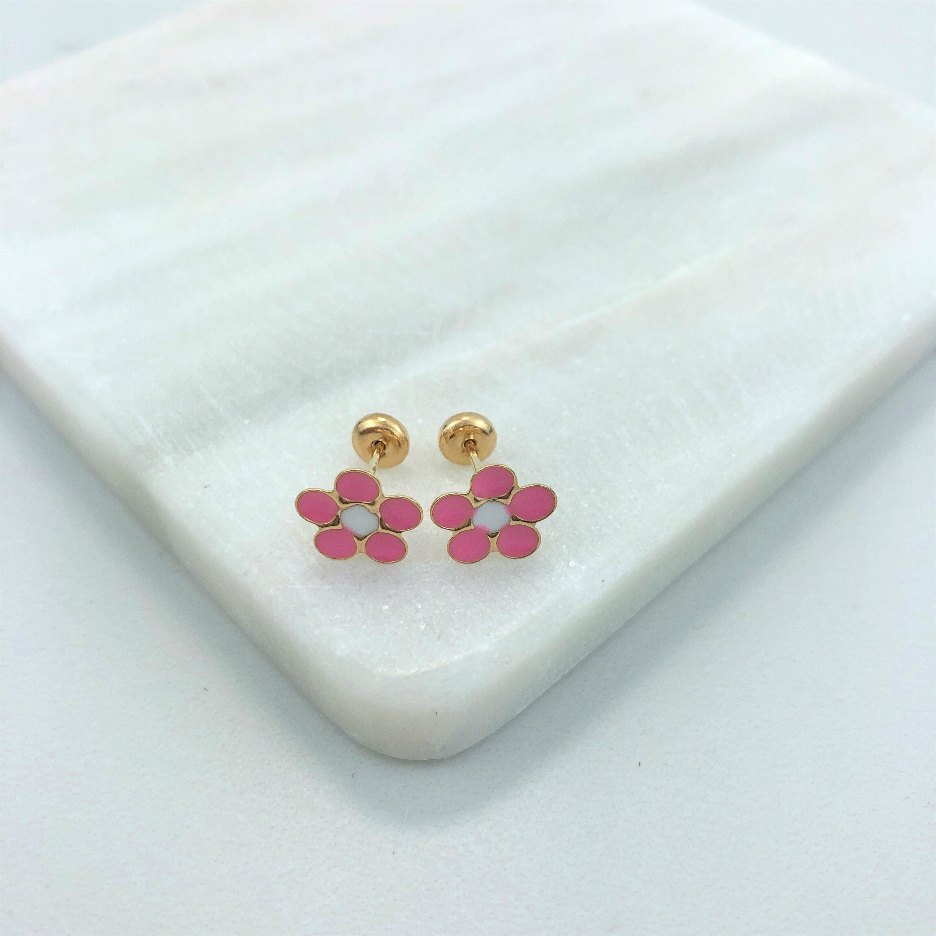 18K Gold Layered Oro Laminado Pink White Enamel Flower Design Plugs Kids Earrings Wholesale 21.0117/7