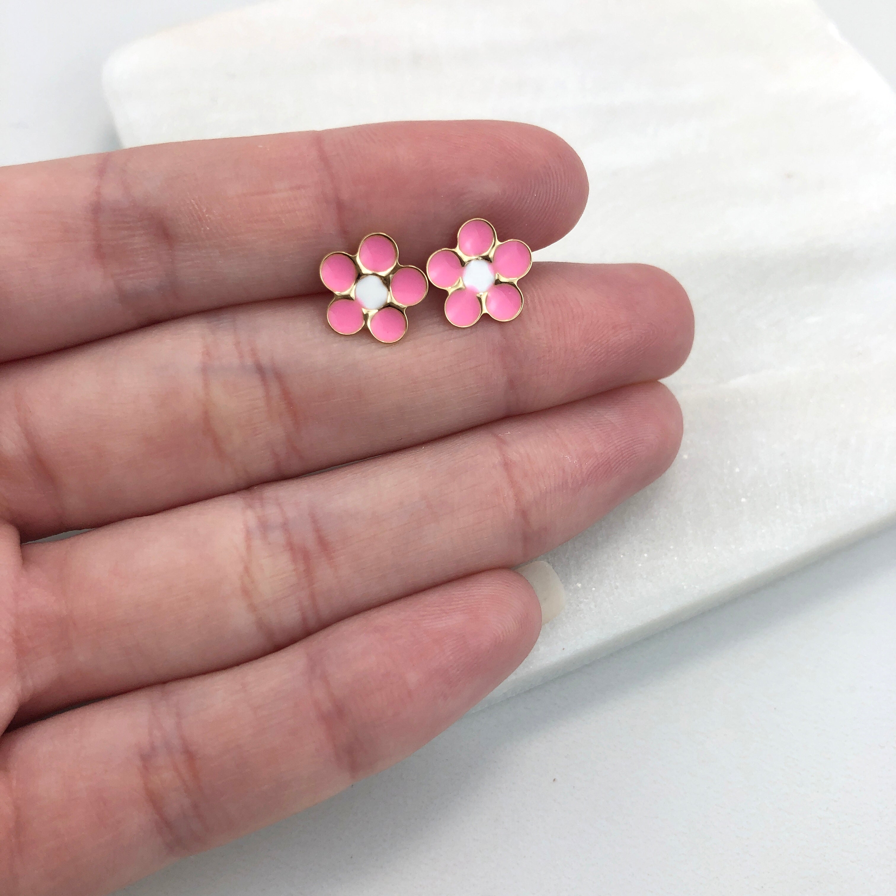 18K Gold Layered Oro Laminado Pink White Enamel Flower Design Plugs Kids Earrings Wholesale 21.0117/7