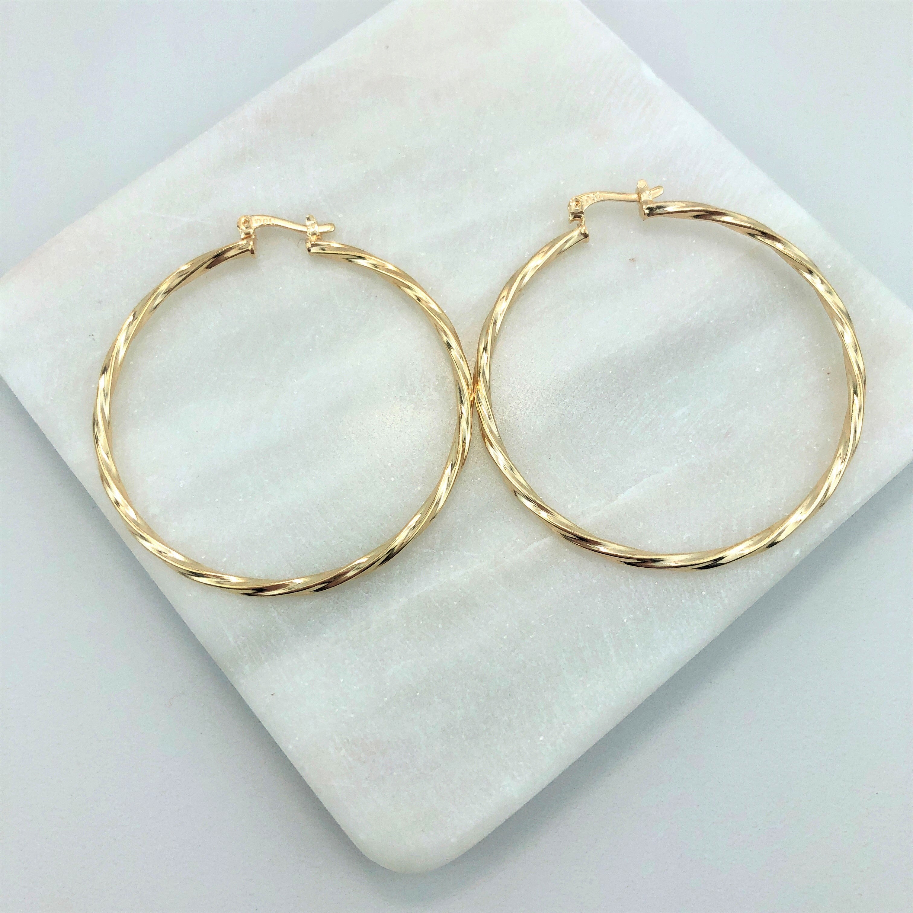 18K Gold Layered Oro Laminado 50 mm Double Texturized Twisted Hoops Wholesale 21.0241