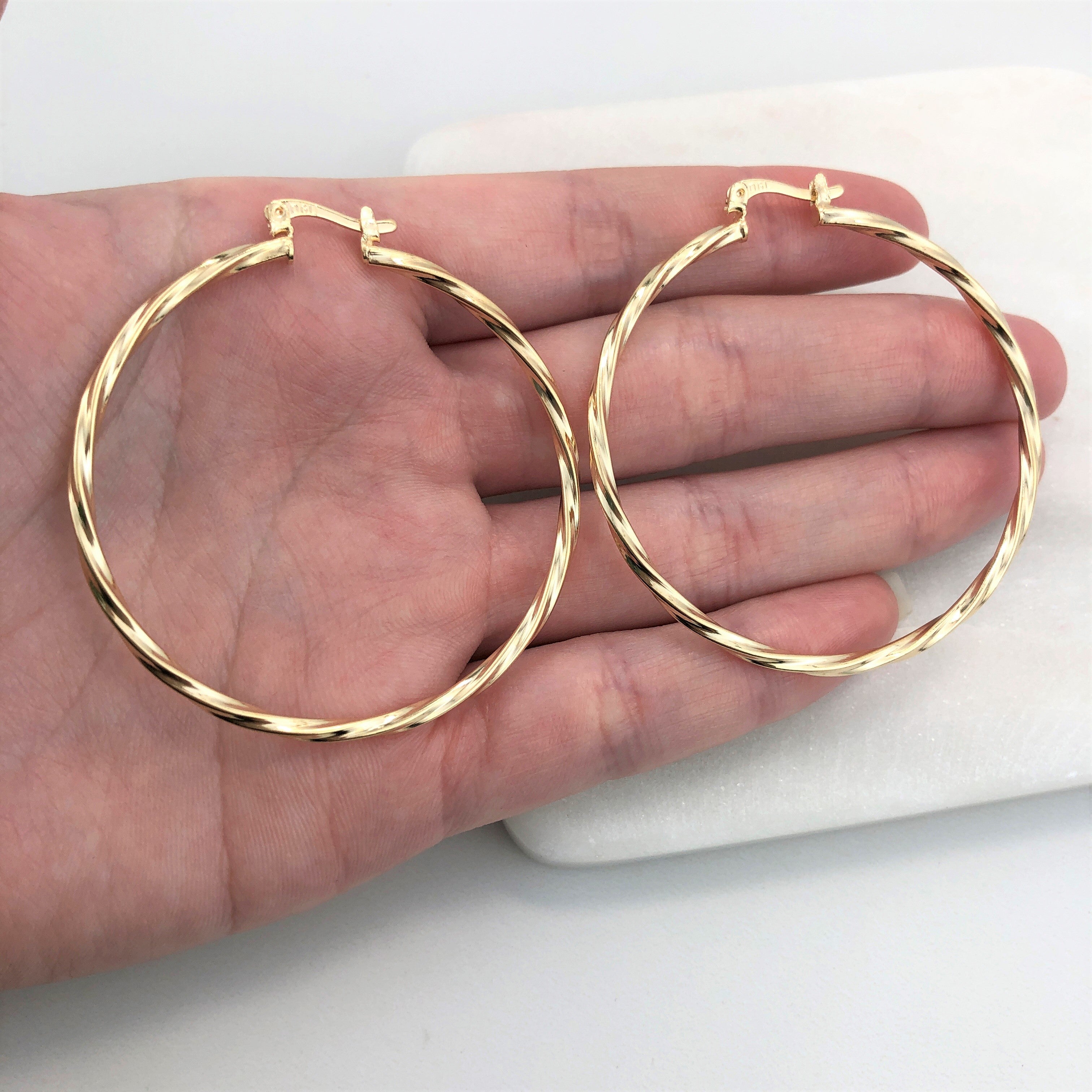 18K Gold Layered Oro Laminado 50 mm Double Texturized Twisted Hoops Wholesale 21.0241
