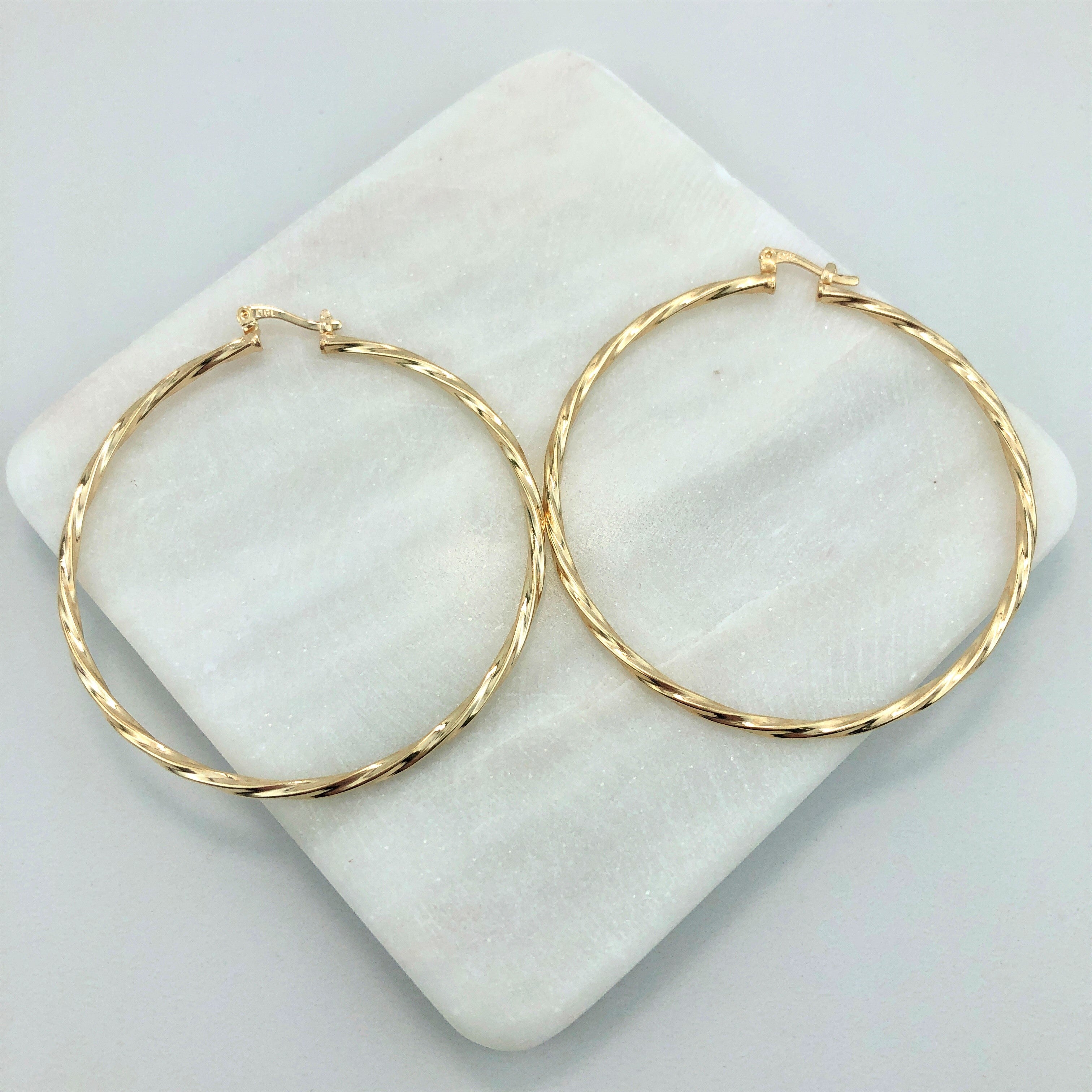 18K Gold Layered Oro Laminado 50 mm Double Texturized Twisted Hoops Wholesale 21.0241