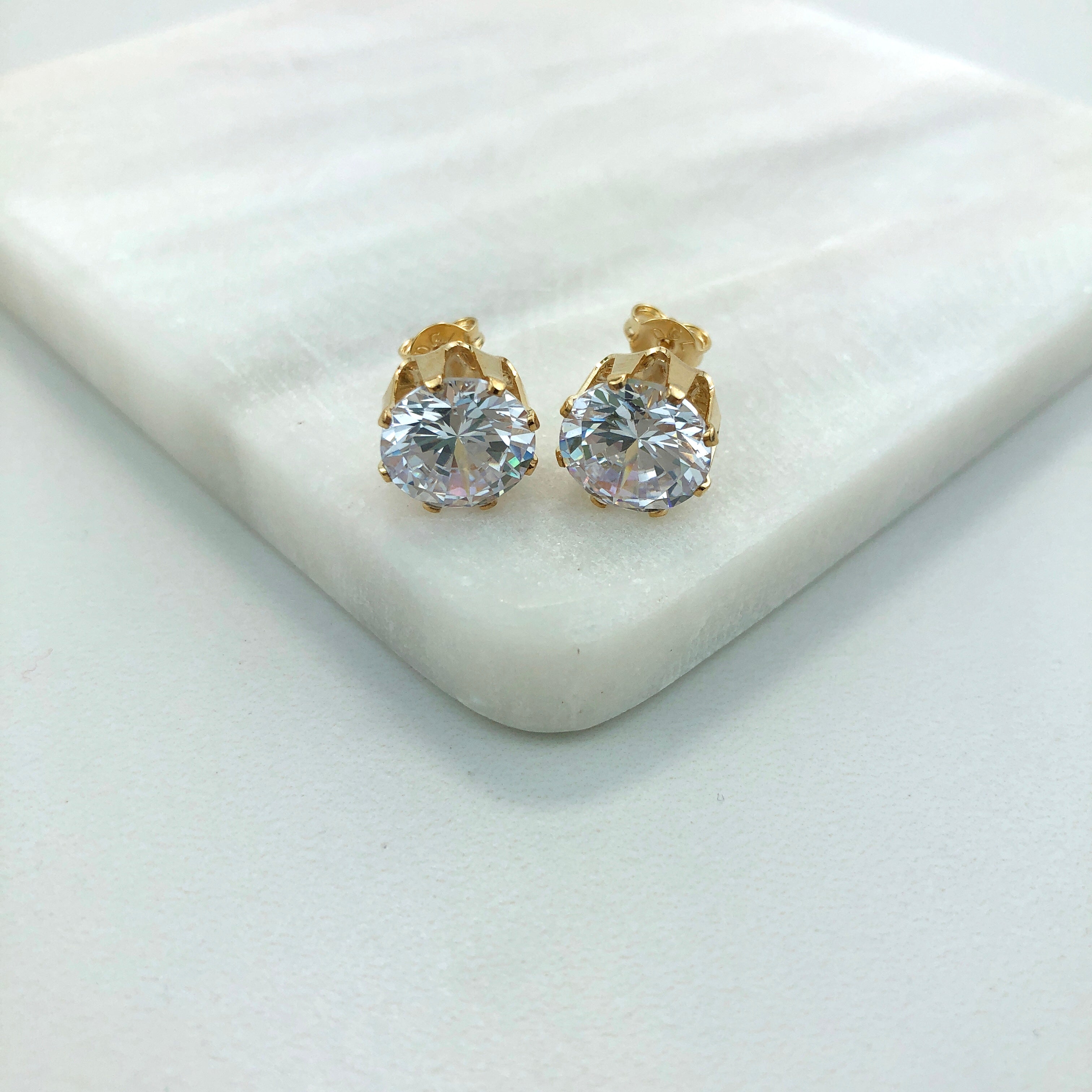 18K Gold Layered Oro Laminado Clear Rhinestone Stud Push Back Earrings 21.0136/1
