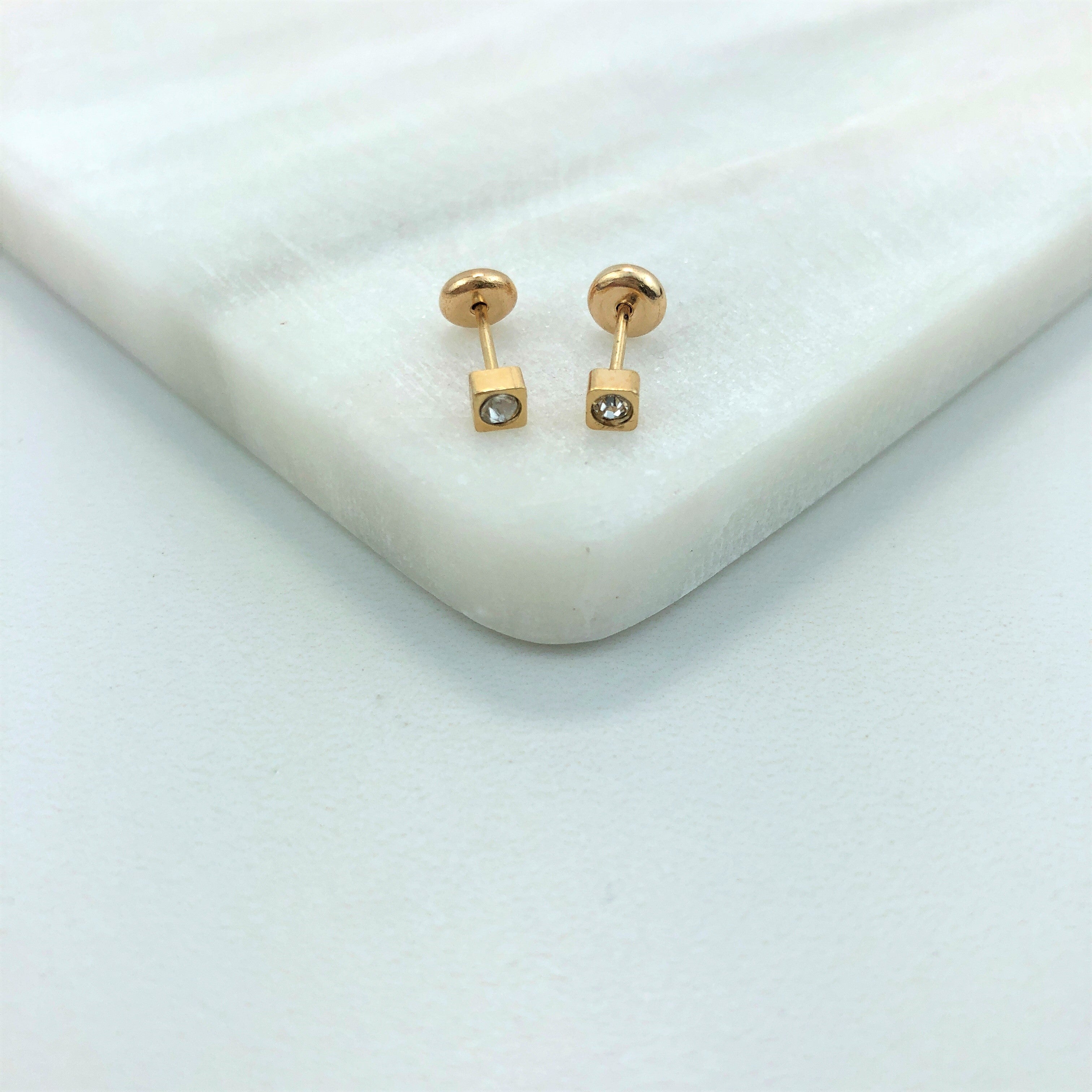 18K Gold Layered Oro Laminado Kids Rhinestone Square Stud Plug Earrings Wholesale 21.0138/1/7