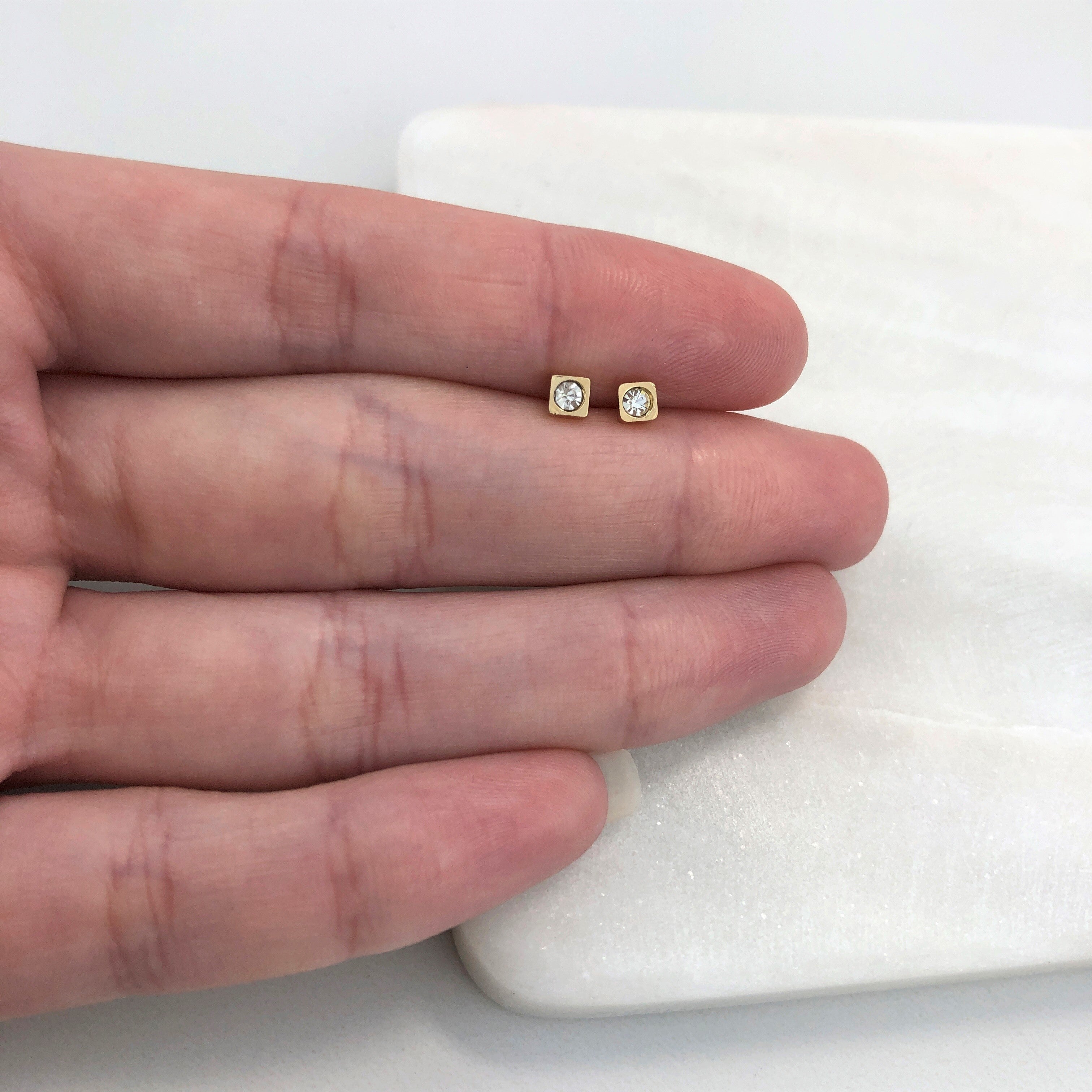 18K Gold Layered Oro Laminado Kids Rhinestone Square Stud Plug Earrings Wholesale 21.0138/1/7