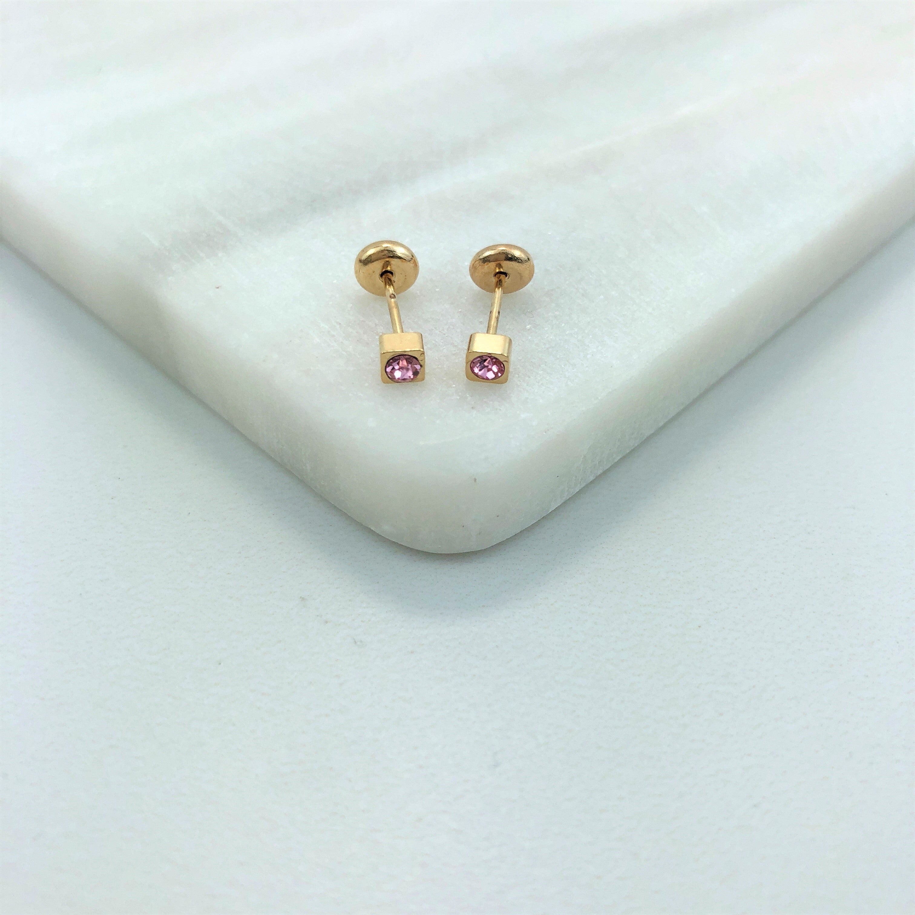 18K Gold Layered Oro Laminado Kids Rhinestone Square Stud Plug Earrings Wholesale 21.0138/1/7
