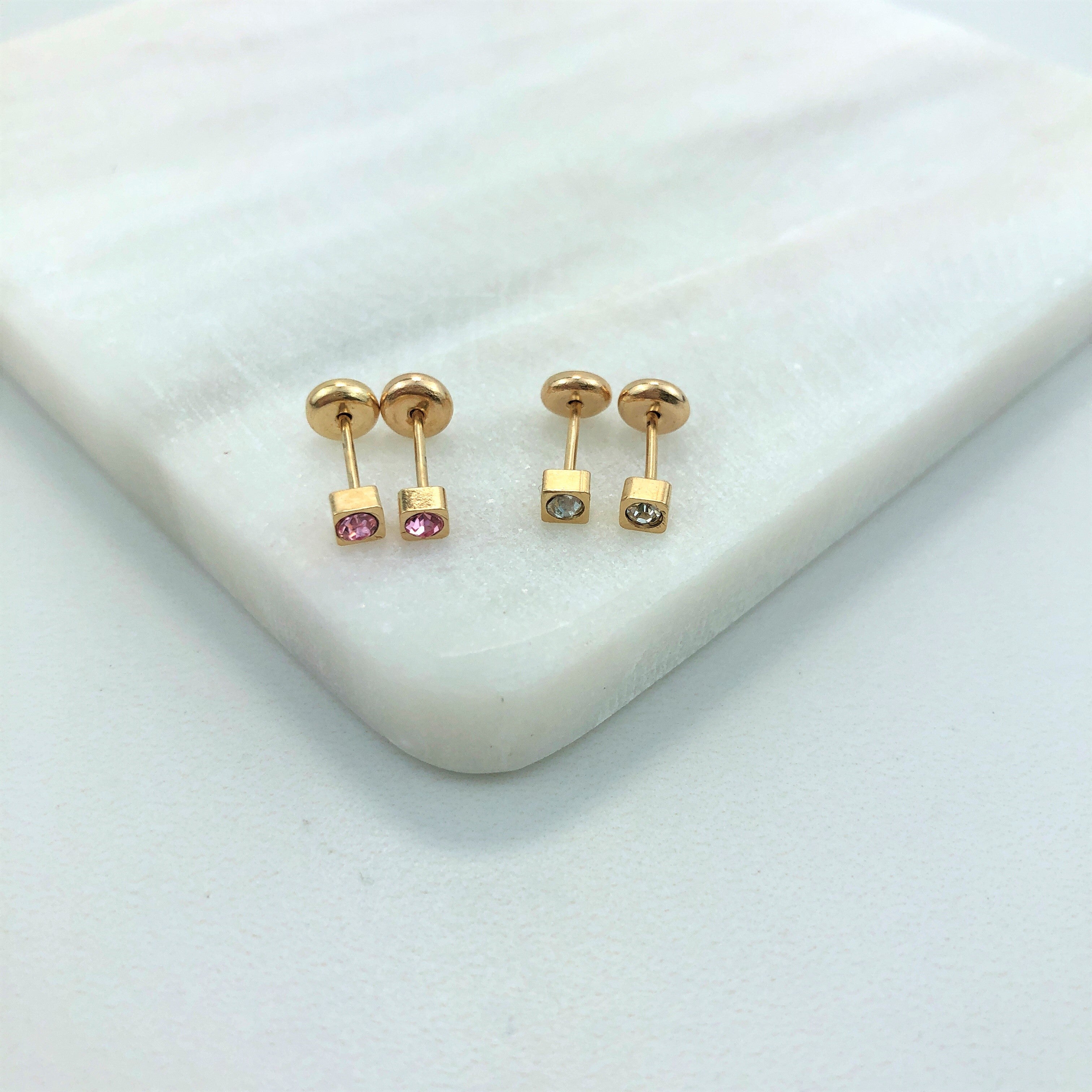 18K Gold Layered Oro Laminado Kids Rhinestone Square Stud Plug Earrings Wholesale 21.0138/1/7