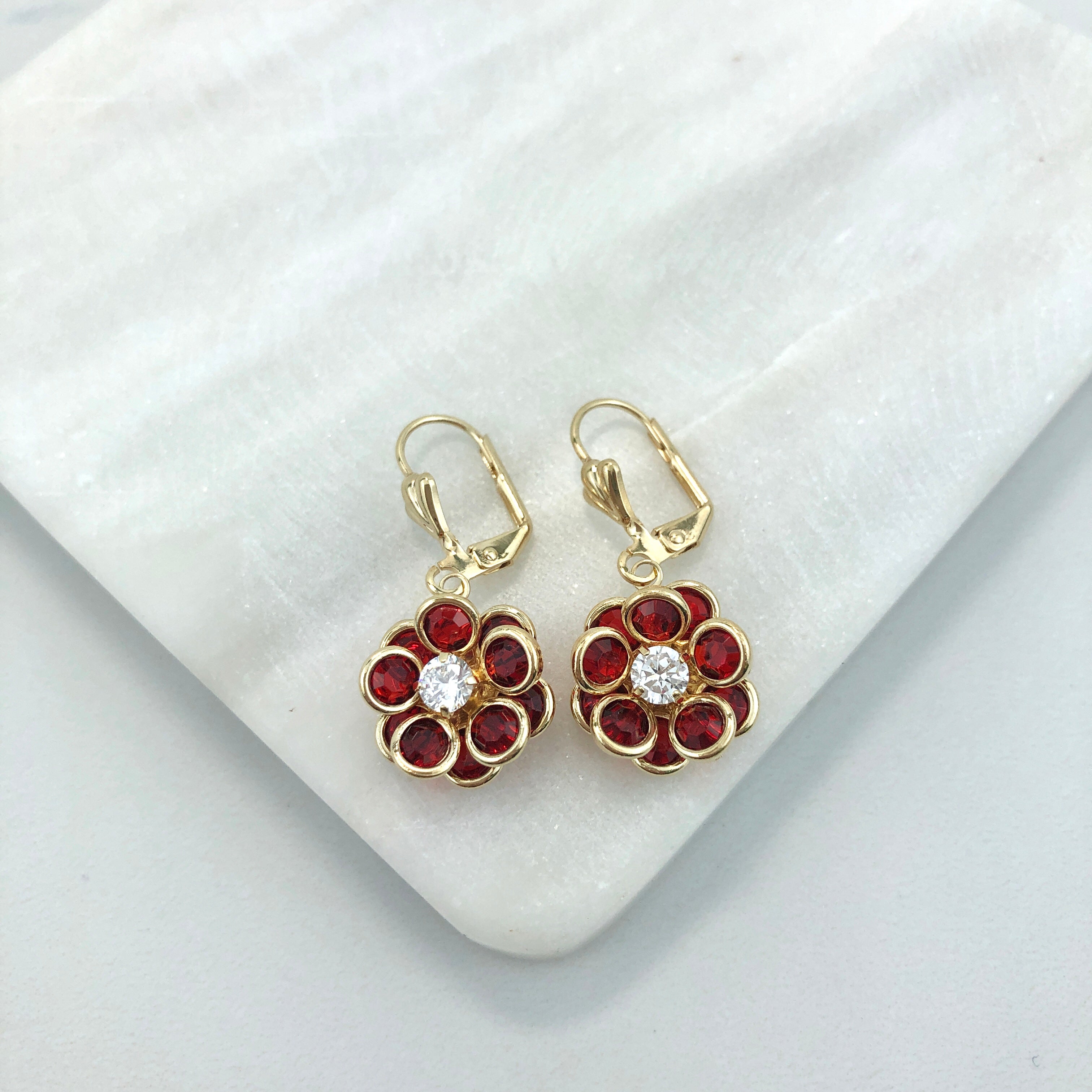 18K Gold Layered Oro Laminado Red & Blue Rhinestone Flower Design Dangle Leverback Earrings 21.0156/3/6