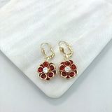 18K Gold Layered Oro Laminado Red & Blue Rhinestone Flower Design Dangle Leverback Earrings 21.0156/3/6