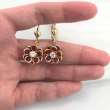 18K Gold Layered Oro Laminado Red & Blue Rhinestone Flower Design Dangle Leverback Earrings 21.0156/3/6