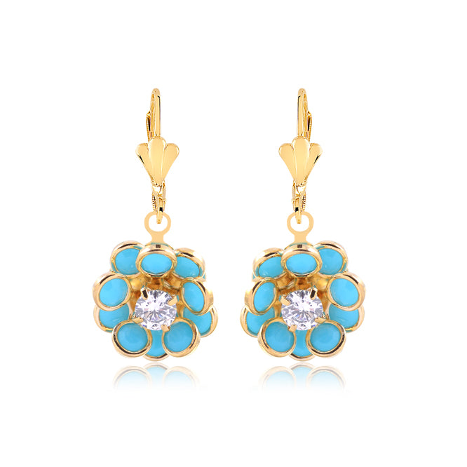 18K Gold Layered Oro Laminado Red & Blue Rhinestone Flower Design Dangle Leverback Earrings 21.0156/3/6