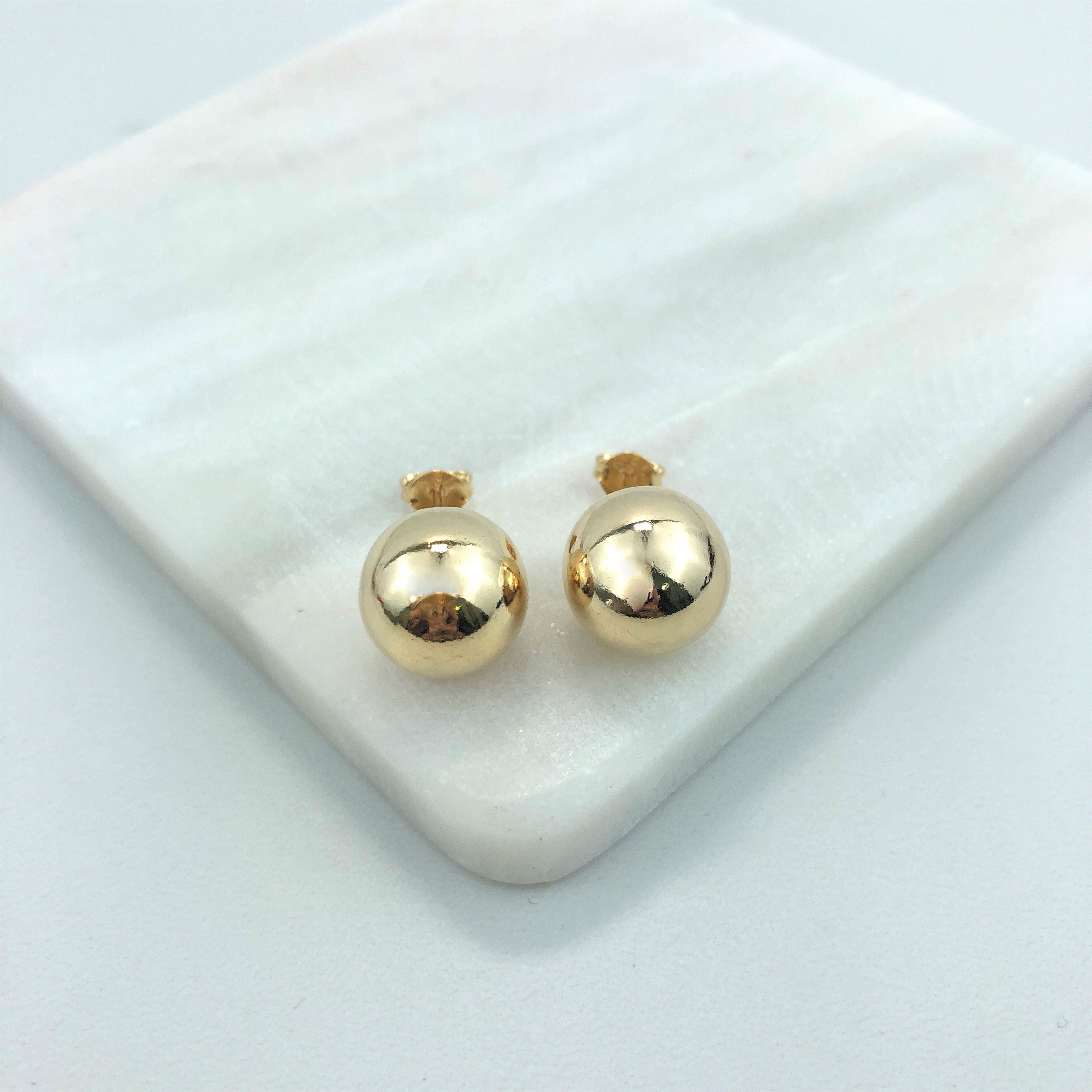 18K Gold Layered Oro Laminado 13 mm Stud Ball Push-Back Earrings 21.0168