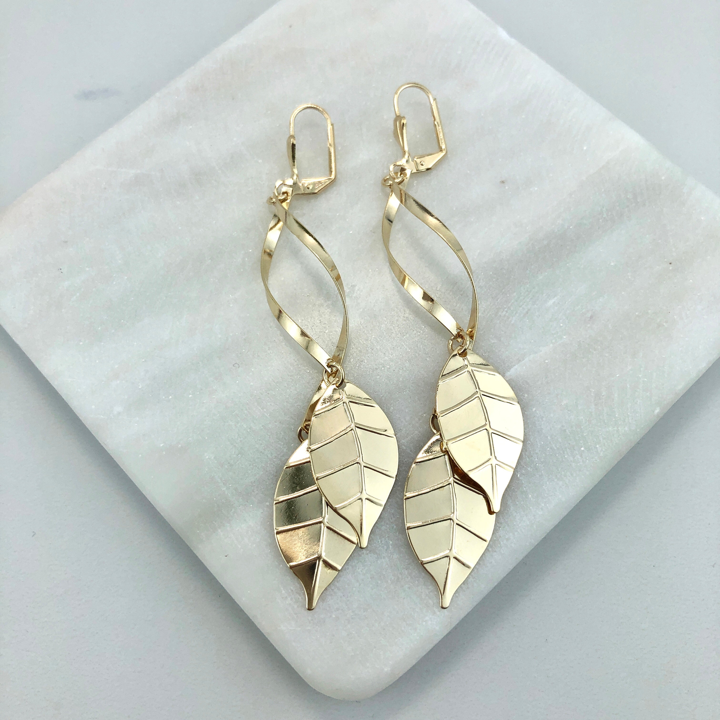 18K Gold Layered Oro Laminado Double Leaves Design Drop Dangle Earrings 21.0173