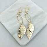 18K Gold Layered Oro Laminado Double Leaves Design Drop Dangle Earrings 21.0173