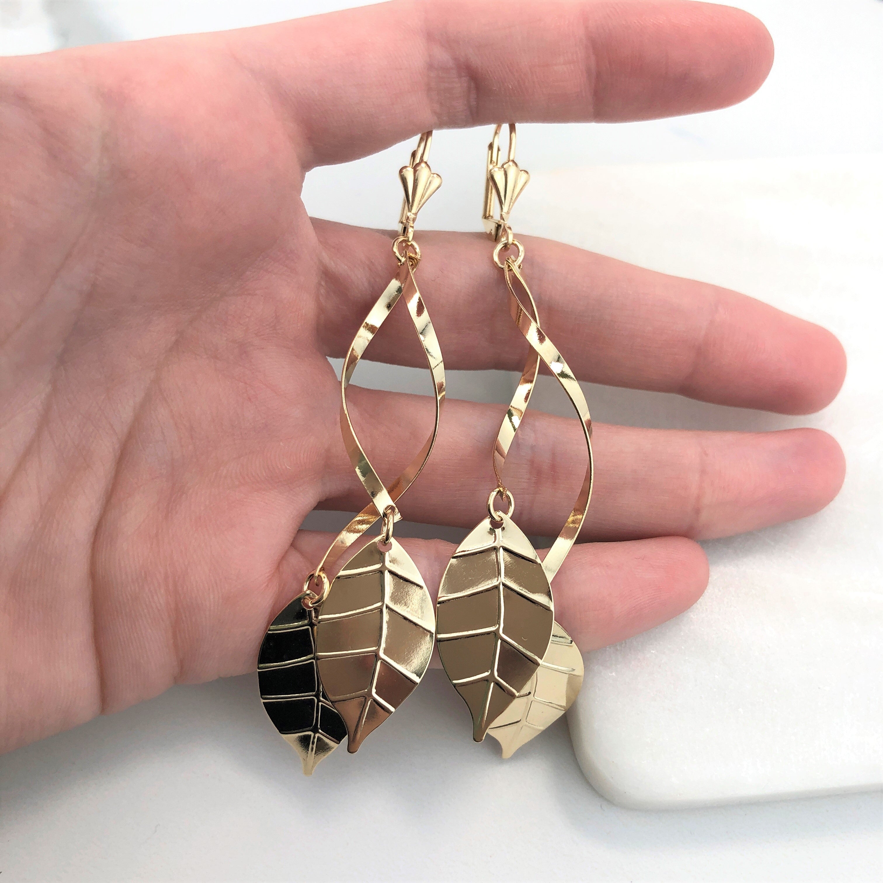 18K Gold Layered Oro Laminado Double Leaves Design Drop Dangle Earrings 21.0173