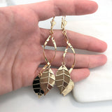 18K Gold Layered Oro Laminado Double Leaves Design Drop Dangle Earrings 21.0173