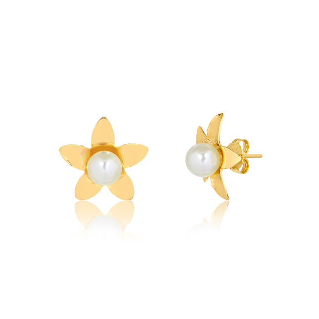 18K Gold Layered Oro Laminado Flower Design Push-Back Earrings With Center Pearl 21.0175/92