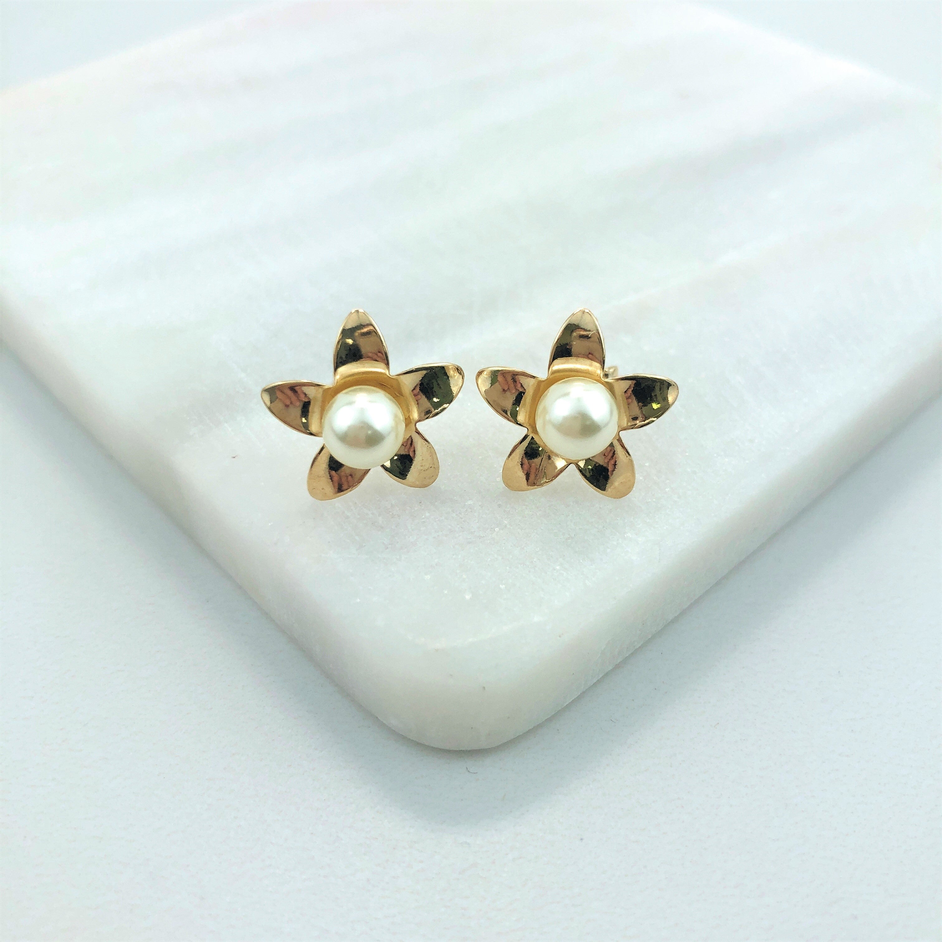 18K Gold Layered Oro Laminado Flower Design Push-Back Earrings With Center Pearl 21.0175/92