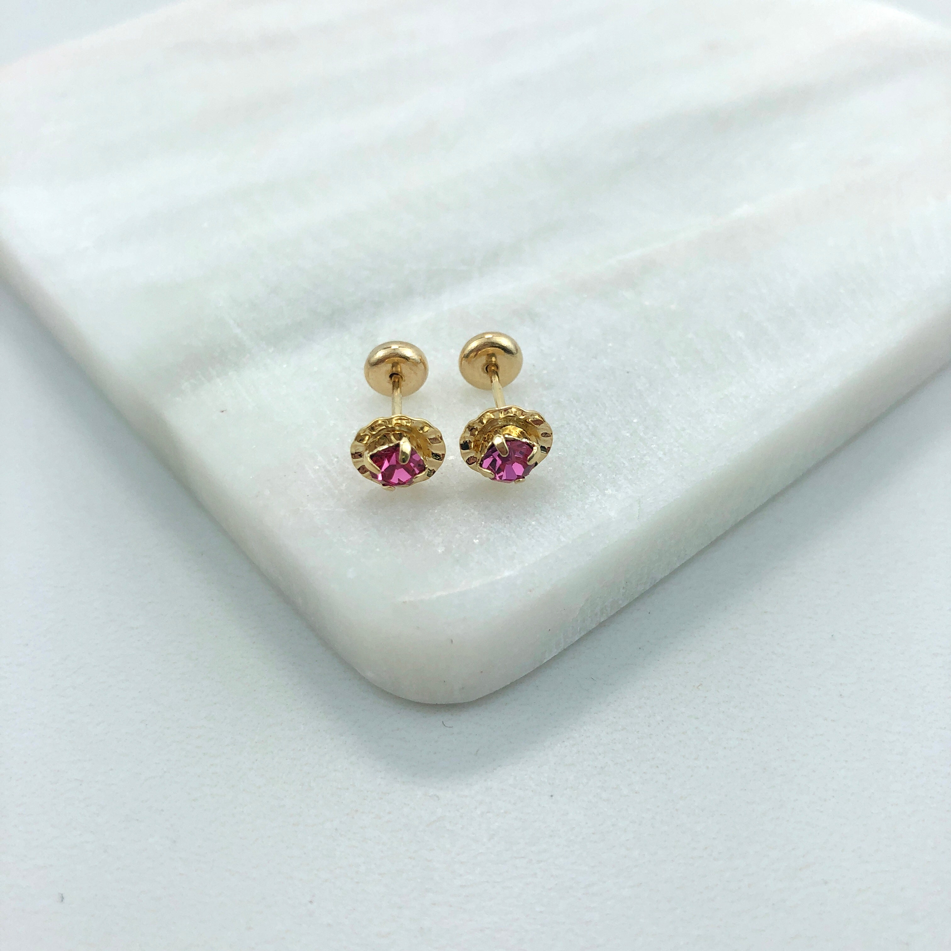 18K Gold Layered Oro Laminado Pink Cubic Zirconia Stud Plugs Kids Earrings 21.0176/7
