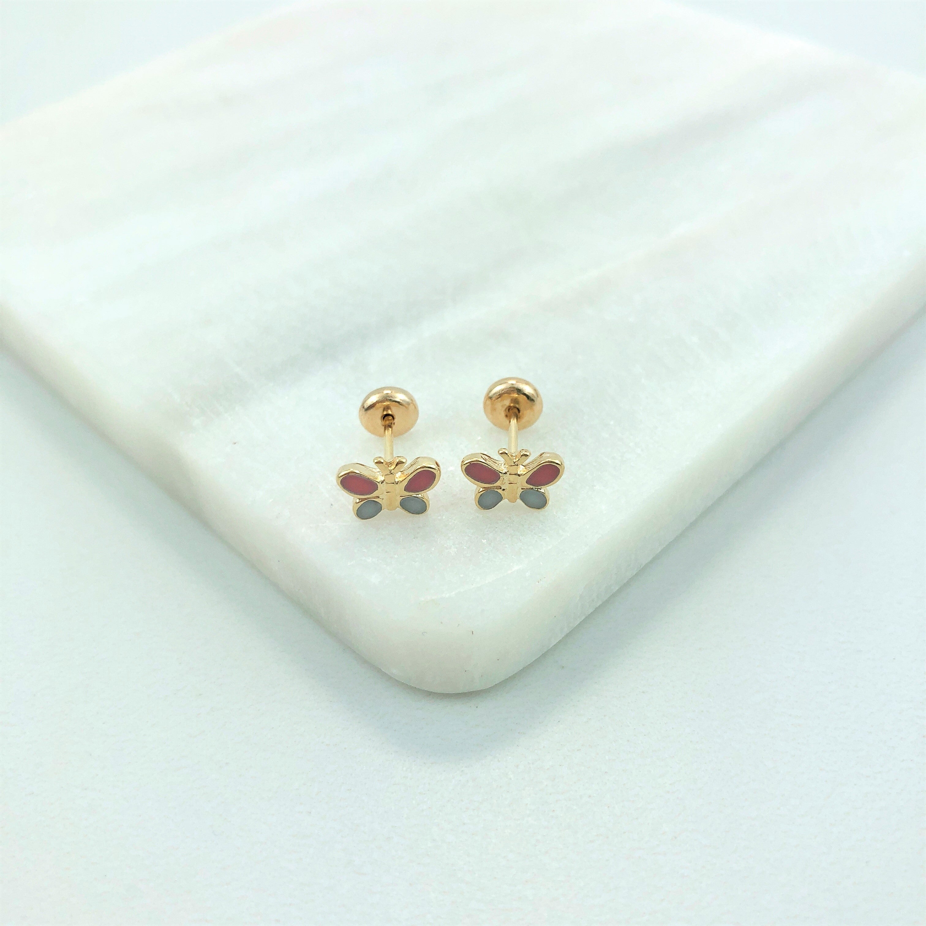 18K Gold Layered Oro Laminado Pink & White Enamel Butterfly Design Plugs Kids Earrings 21.0185/7