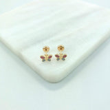 18K Gold Layered Oro Laminado Pink & White Enamel Butterfly Design Plugs Kids Earrings 21.0185/7