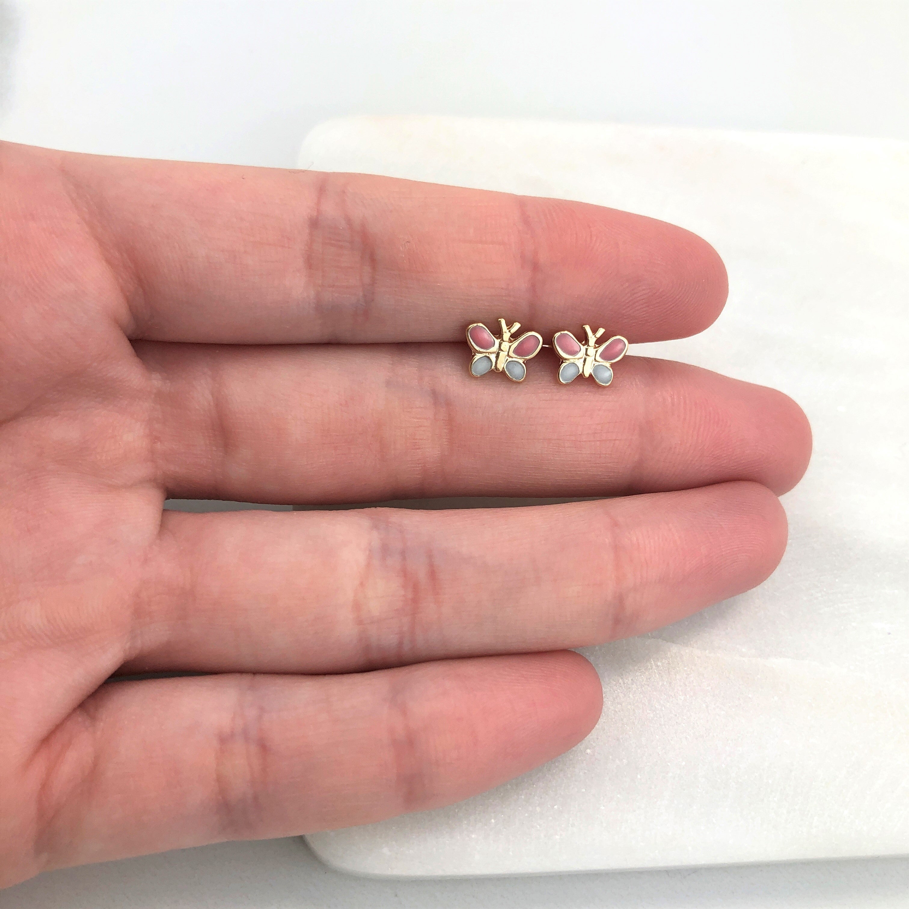 18K Gold Layered Oro Laminado Pink & White Enamel Butterfly Design Plugs Kids Earrings 21.0185/7