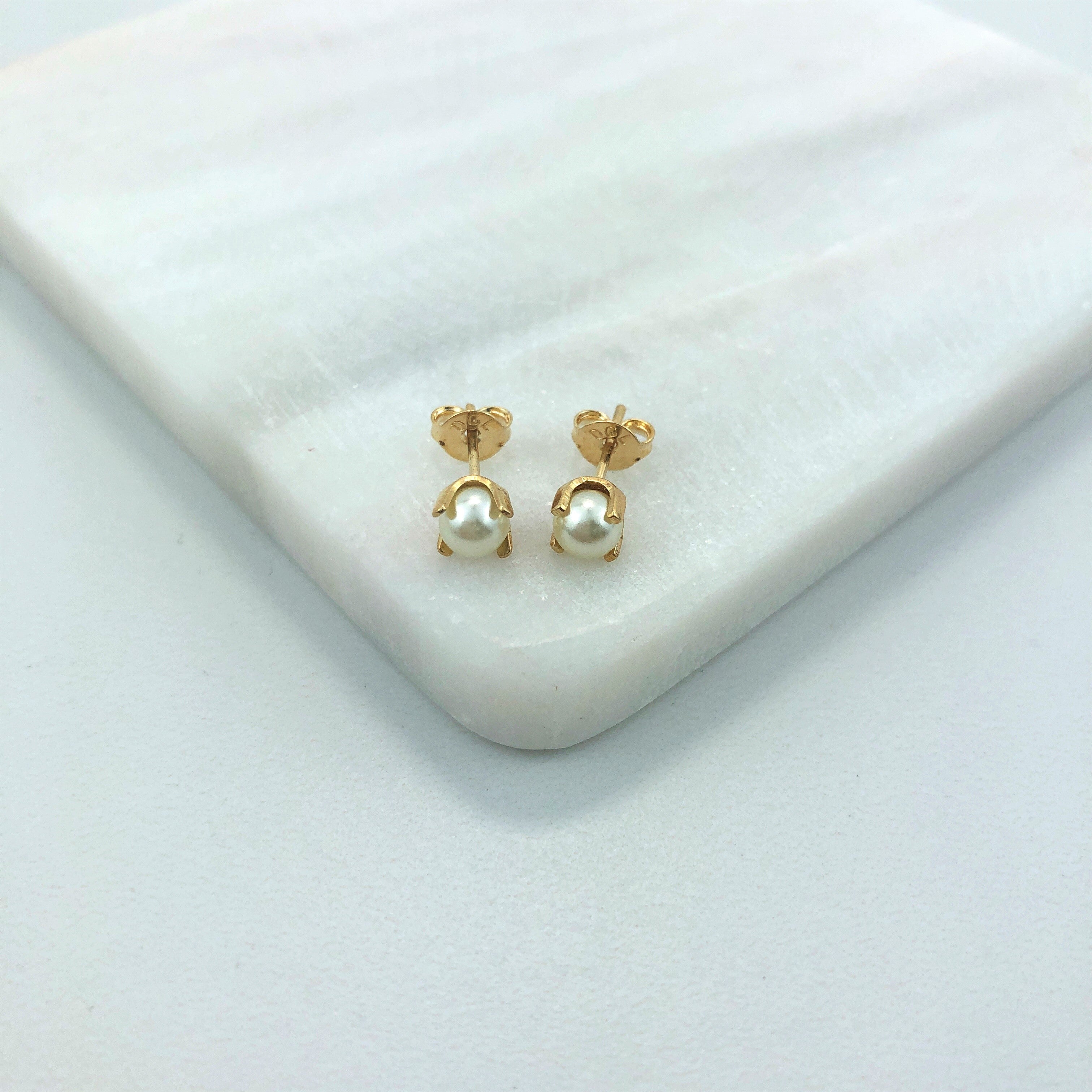 18K Gold Layered Oro Laminado 6mm Pearl Stud Push Back Earrings 21.0207/92