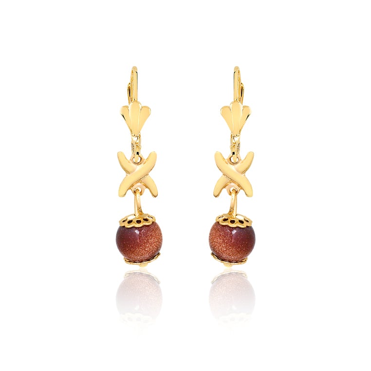 18K Gold Layered Oro Laminado Venturina Stone & Pearl Drop Dangle Earrings 21.0213/16/92