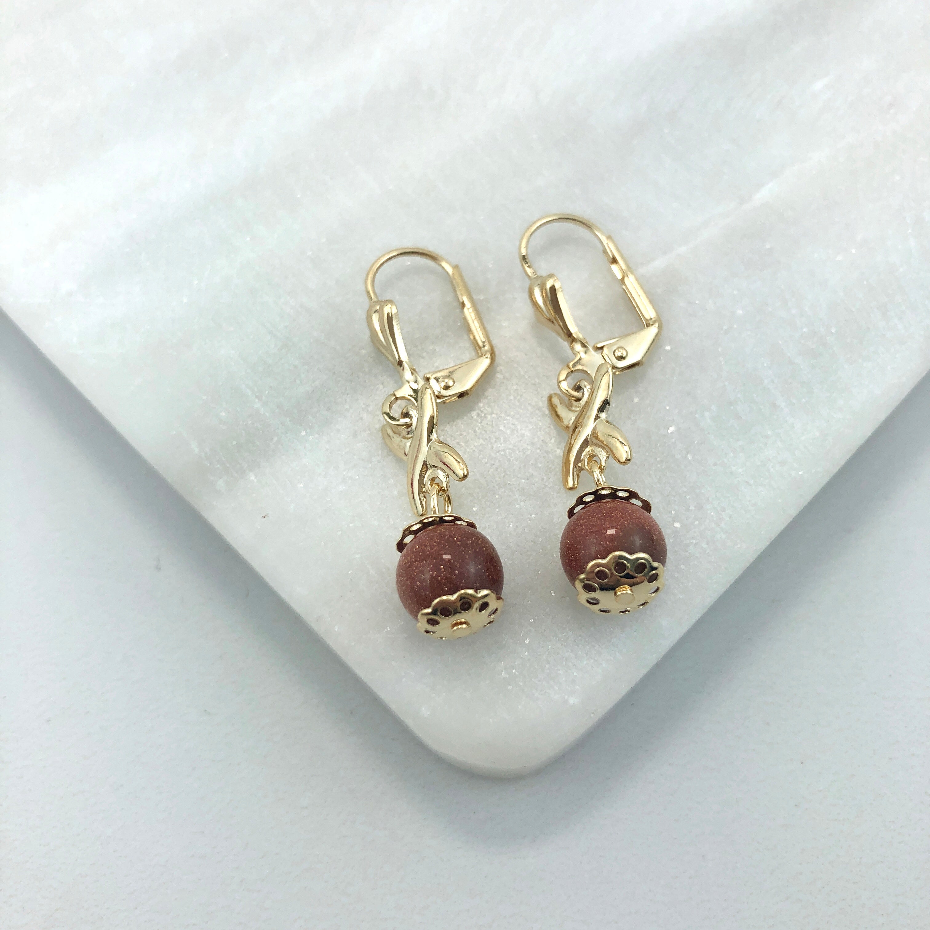 18K Gold Layered Oro Laminado Venturina Stone & Pearl Drop Dangle Earrings 21.0213/16/92