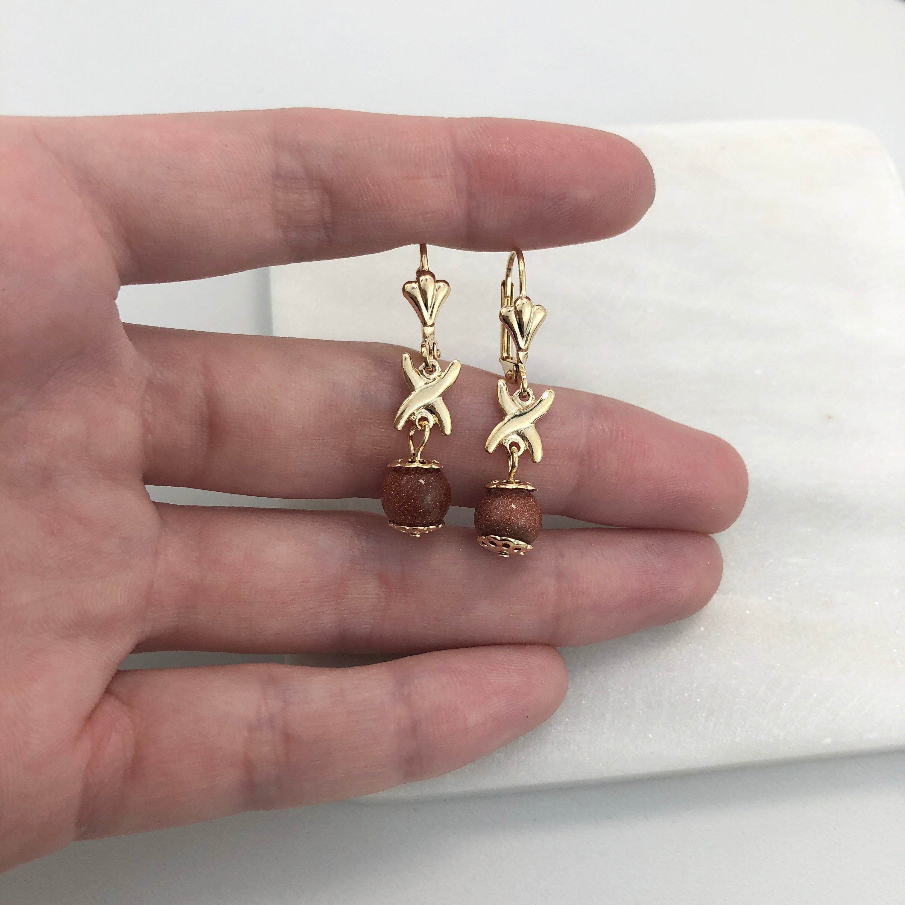 18K Gold Layered Oro Laminado Venturina Stone & Pearl Drop Dangle Earrings 21.0213/16/92