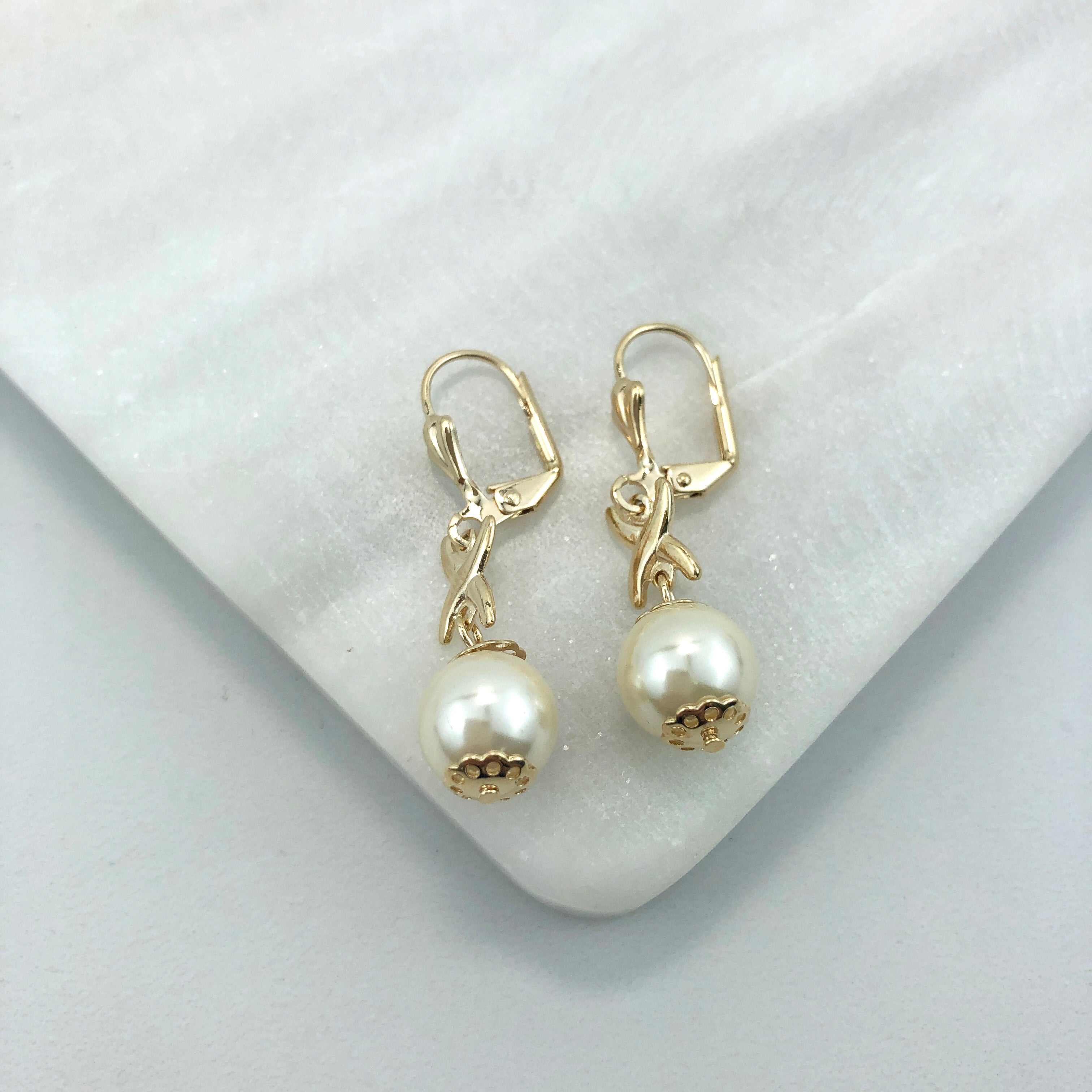 18K Gold Layered Oro Laminado Venturina Stone & Pearl Drop Dangle Earrings 21.0213/16/92