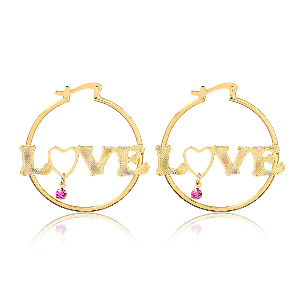 18K Gold Layered Oro Laminado Textured Cut Out Love Design with Pink Cubic Zirconia Drop Hoops 21.0222/7