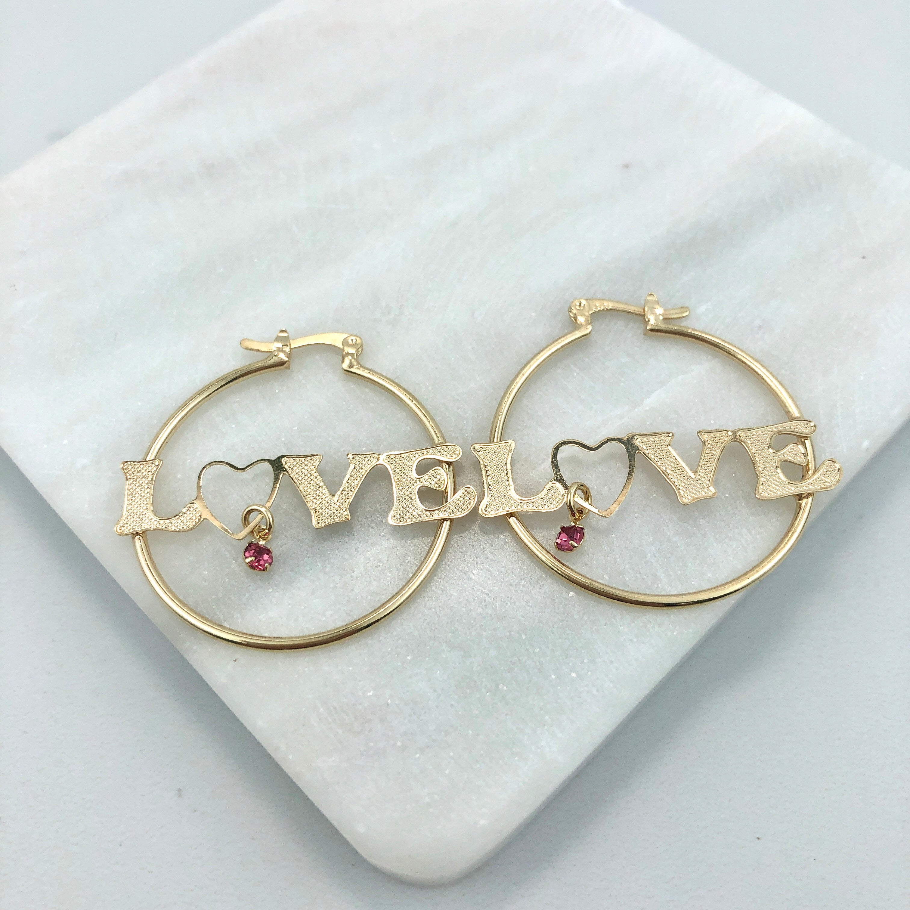 18K Gold Layered Oro Laminado Textured Cut Out Love Design with Pink Cubic Zirconia Drop Hoops 21.0222/7