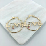 18K Gold Layered Oro Laminado Textured Cut Out Love Design with Pink Cubic Zirconia Drop Hoops 21.0222/7