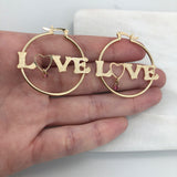 18K Gold Layered Oro Laminado Textured Cut Out Love Design with Pink Cubic Zirconia Drop Hoops 21.0222/7
