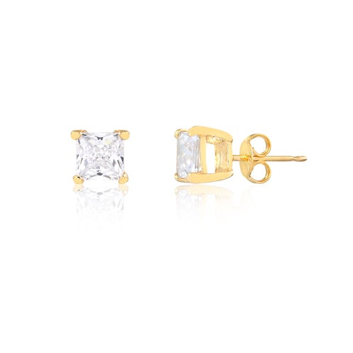 18K Gold Layered Oro Laminado 7mm Clear Rhinestone Square Stud Push Back Earrings 21.0223/1
