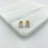 18K Gold Layered Oro Laminado 7mm Clear Rhinestone Square Stud Push Back Earrings 21.0223/1