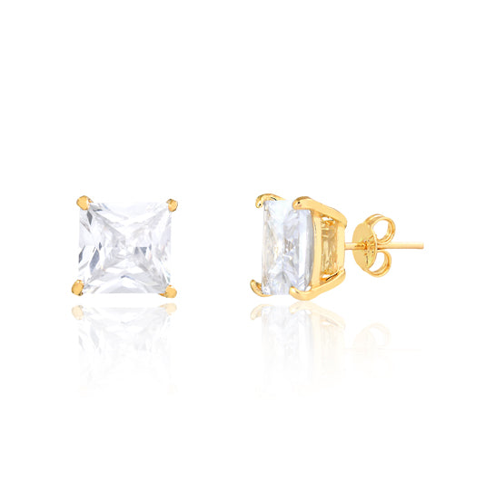 18K Gold Layered Oro Laminado 11 mm Clear Rhinestone Square Stud Push Back Earrings 21.0225/1