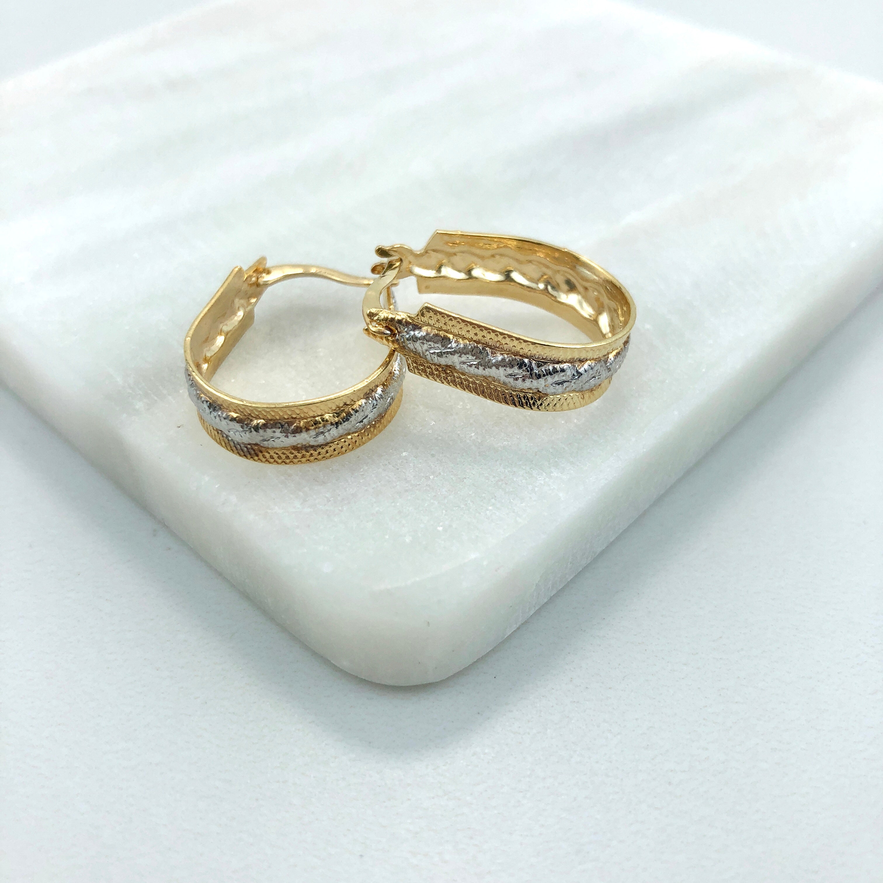 18K Gold Layered Oro Laminado Two Tone Texturized Hoops 21.0237