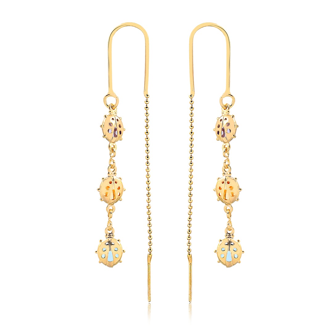 18K Gold Layered Oro Laminado Cut Out Lady Bug Design with Assorted Rhinestone Inside Long Threader Earrings Wholesale 21.0239/17