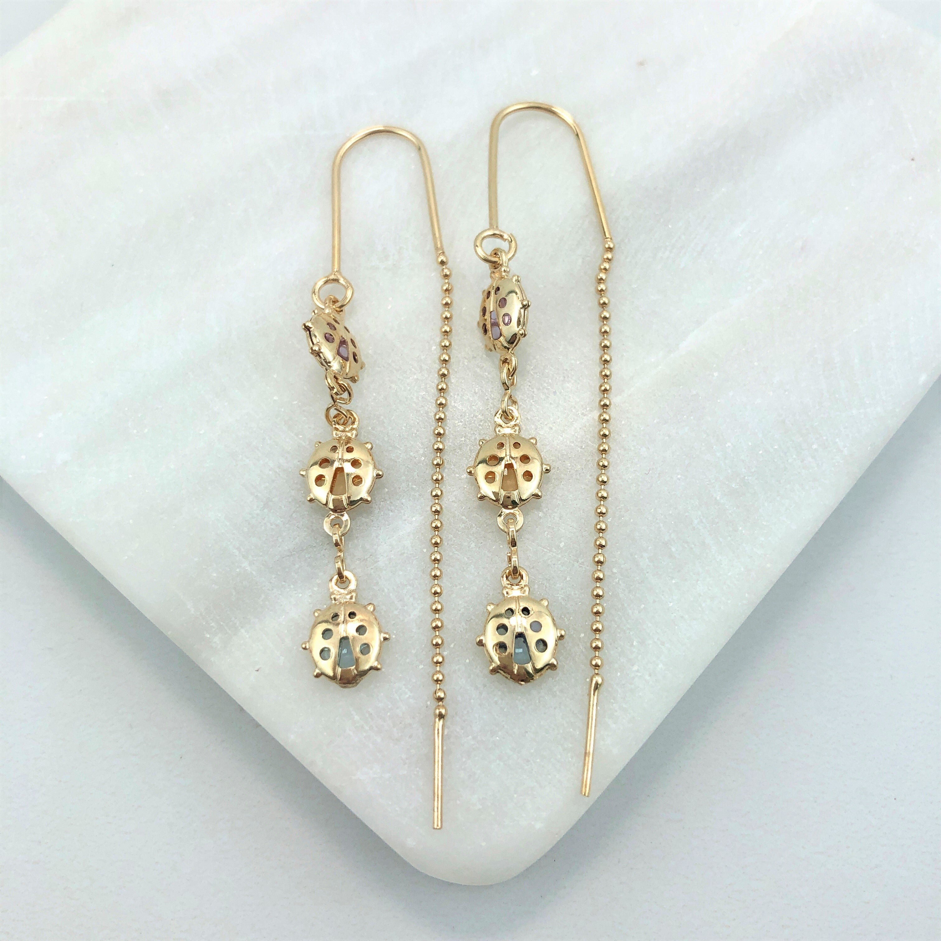 18K Gold Layered Oro Laminado Cut Out Lady Bug Design with Assorted Rhinestone Inside Long Threader Earrings Wholesale 21.0239/17