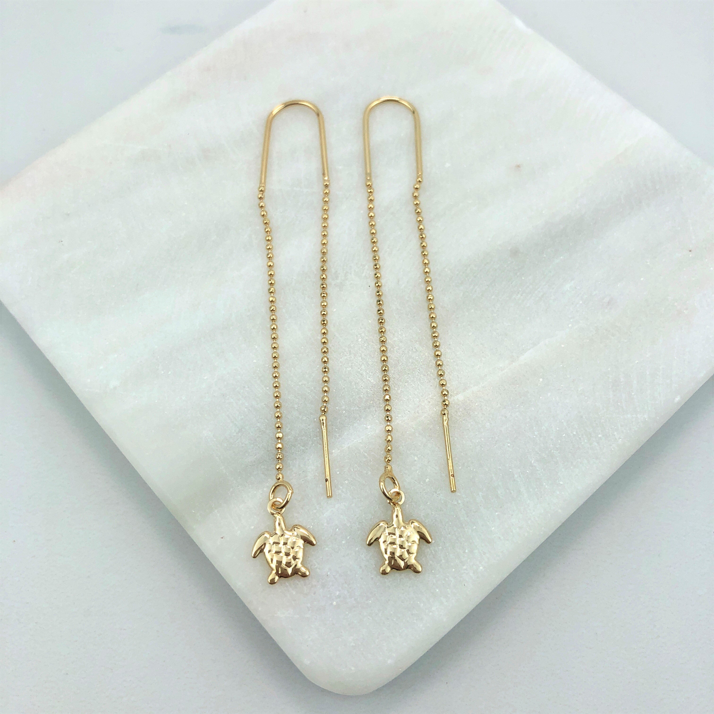 18K Gold Layered Oro Laminado Turtle Design Drop Long Threader Earrings Wholesale 21.0271