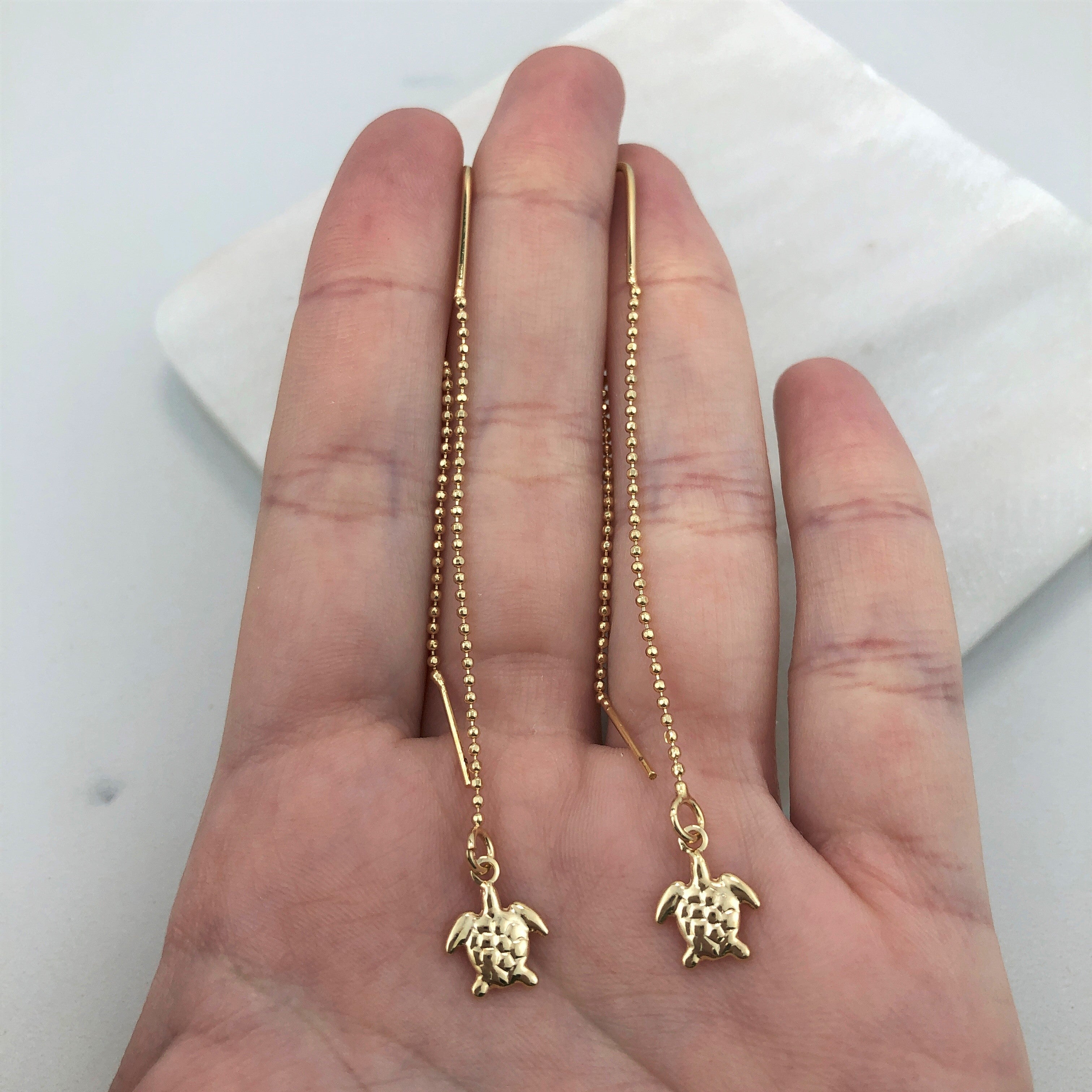 18K Gold Layered Oro Laminado Turtle Design Drop Long Threader Earrings Wholesale 21.0271