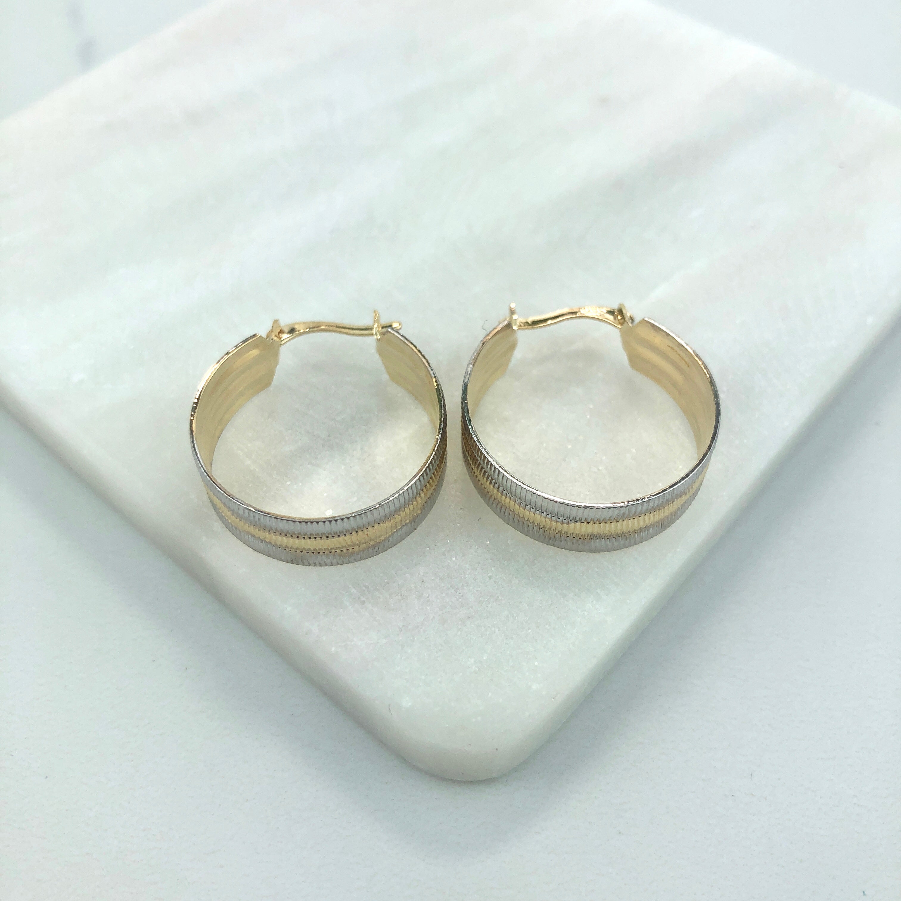 18K Gold Layered Oro Laminado 23 mm Two Tone Texturized Hoops Wholesales 21.0276