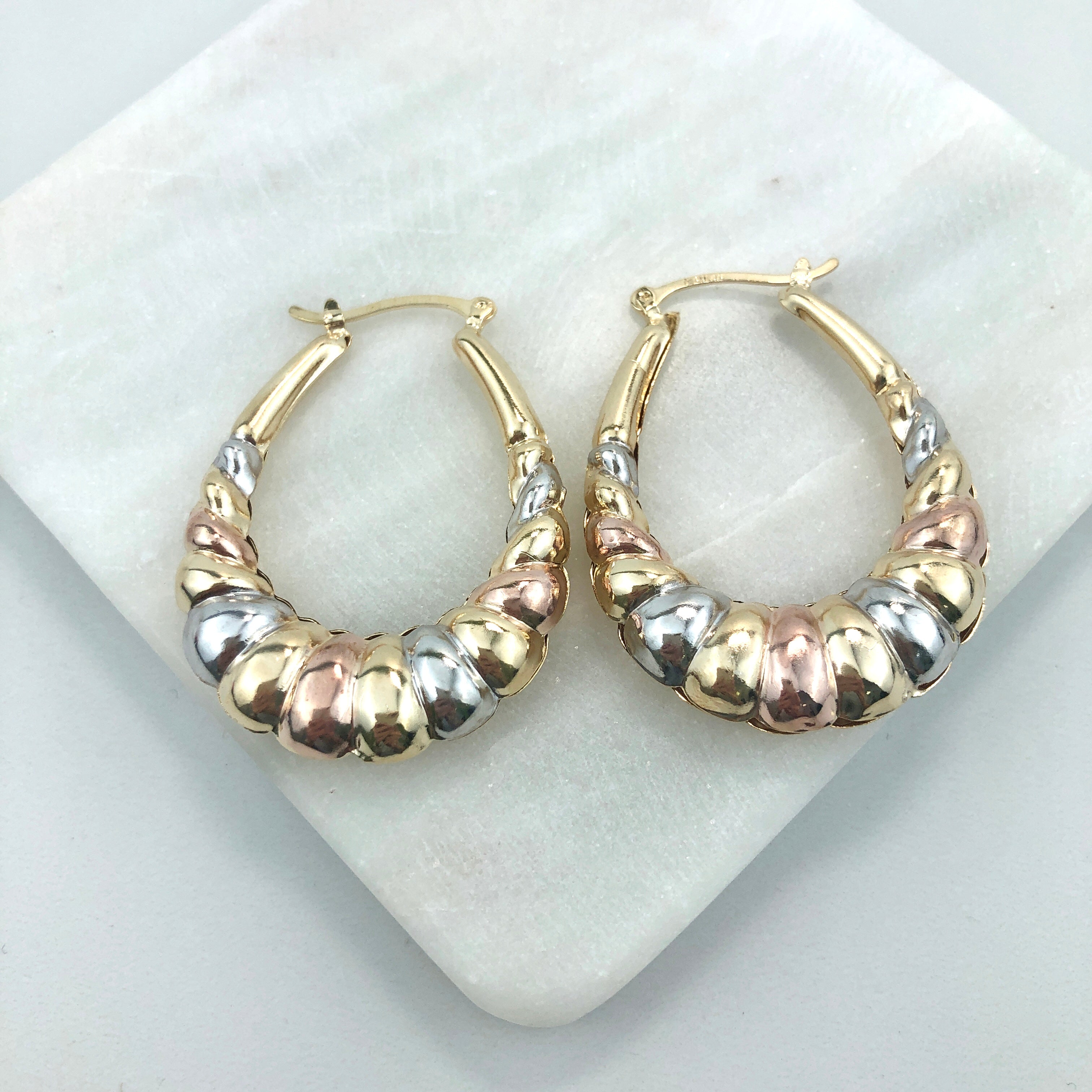 18K Gold Layered Oro Laminado 35 mm Tri-Tone Croissant Hoops 21.0304 Wholesale