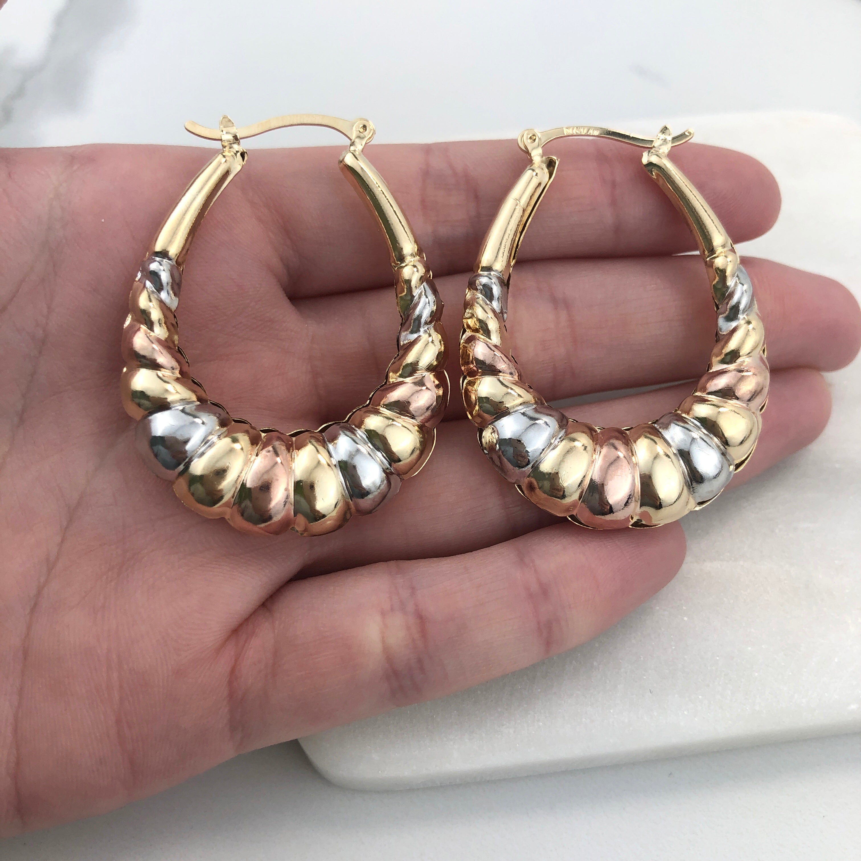 18K Gold Layered Oro Laminado 35 mm Tri-Tone Croissant Hoops 21.0304 Wholesale
