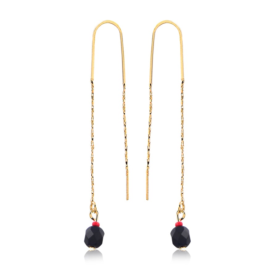 18K Gold Layered Oro Laminado Black & Red Rhinestone Stud Drop in Long Threader Earrings Wholesale 21.0329/17