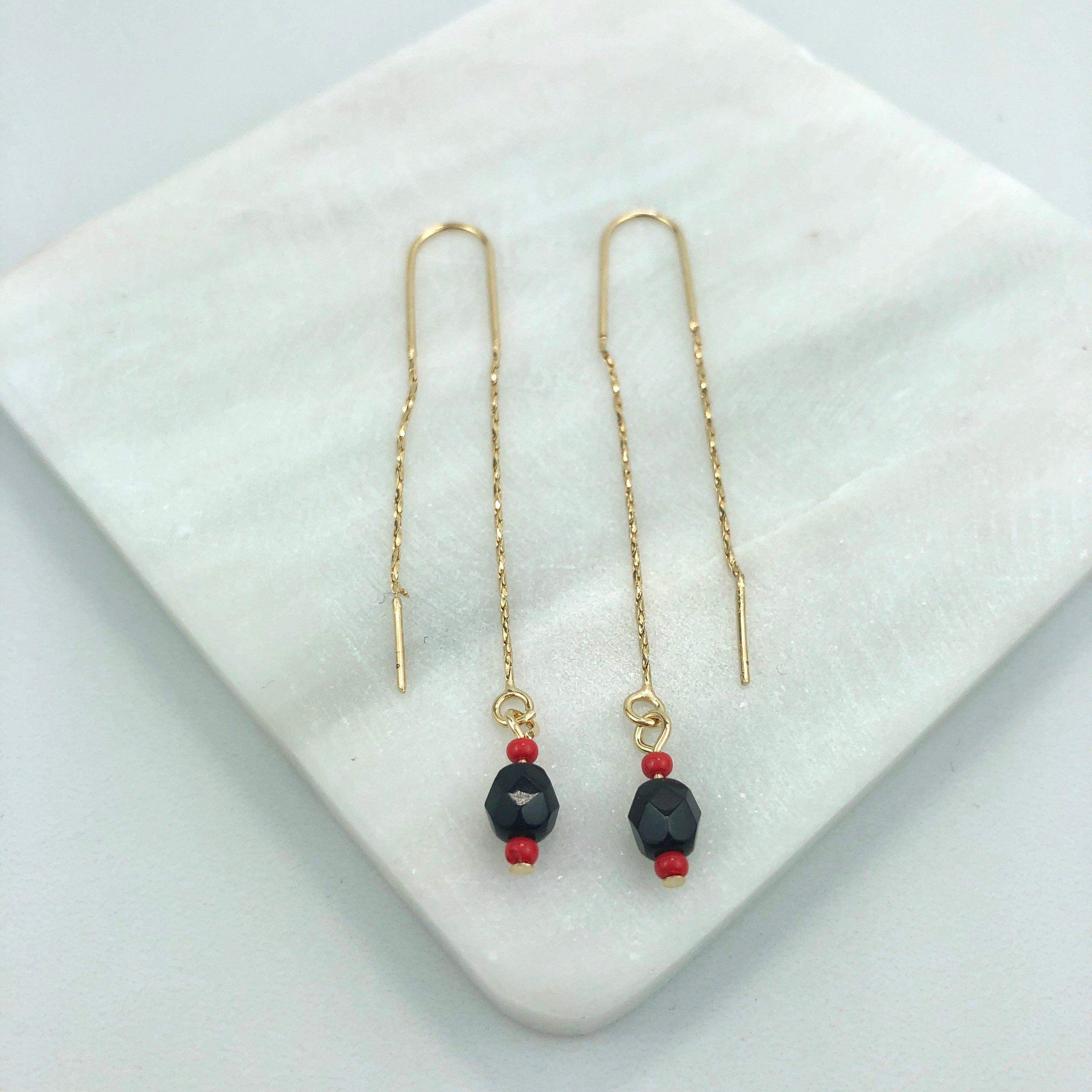 18K Gold Layered Oro Laminado Black & Red Rhinestone Stud Drop in Long Threader Earrings Wholesale 21.0329/17